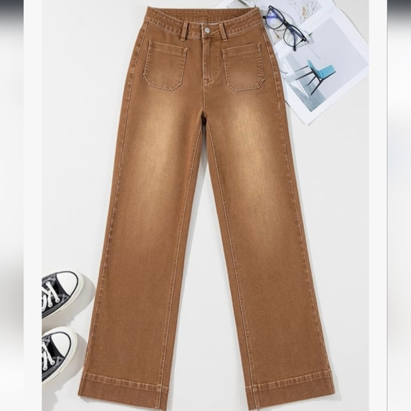 NWOT Astylish Wide Leg Patch Pocket Jeans-Brown - Picture 2 of 5